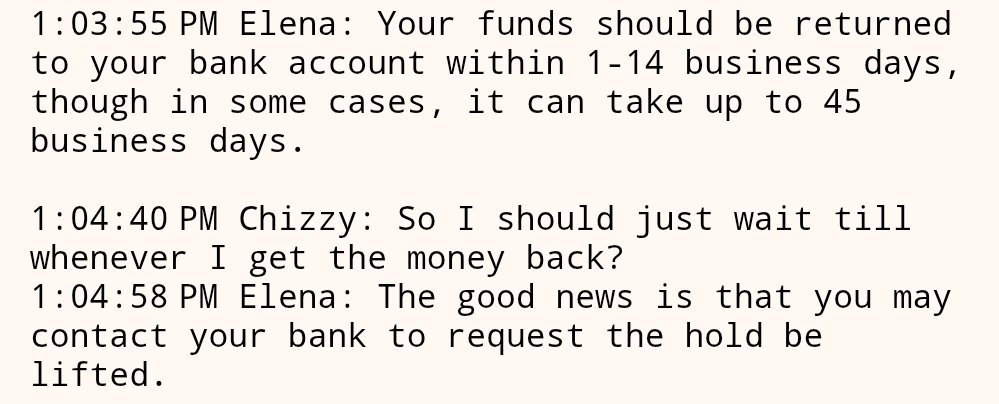 ChizzyHQ's tweet photo. @OPay_NG Holding account and should be released within 1-14 business days or up to 45 days. 
Now they said Opay can lift the hold, so I contacted Opay support and I was told there's nothing that can be done... I just want my money back @OPay_NG https://t.co/jjzOoJnW93