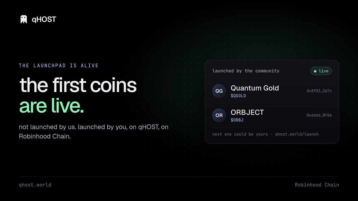 qhostworld's tweet photo. the first coins are live on qHOST.

$QGOLD and $ORBJ, launched tonight, on Robinhood Chain.

the launchpad works. the next one could be yours.

https://t.co/4BJgLaawkk https://t.co/7H9GYPuVuk