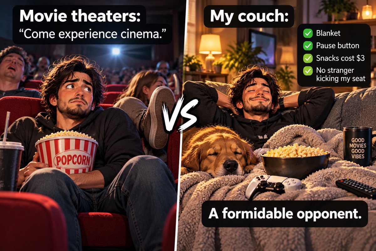 OutOfBrief's tweet photo. Movie theaters:

“Come experience cinema.”

My couch:
 
blanket
pause button
snacks cost $3
no stranger kicking my seat
 
A formidable opponent. https://t.co/b6FZcdl4n8