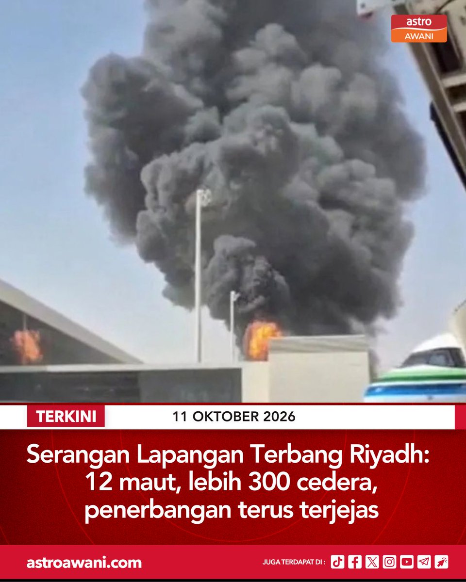 501Awani's tweet photo. Seramai 12 orang terbunuh manakala 309 lagi cedera dalam serangan terhadap Lapangan Terbang Antarabangsa King Khalid di Riyadh, menurut Pihak Berkuasa Penerbangan Awam Arab Saudi (GACA) pada Sabtu.

Dalam kenyataan rasmi, pihak berkuasa itu memaklumkan mangsa yang terkorban terdiri daripada empat warga Arab Saudi, dua warga Bangladesh serta masing-masing seorang warga Amerika Syarikat, Mesir, Jordan, Syria, Palestin dan Sudan.

Berita penuh di: 

https://t.co/YYXXA3lIsH

#AWANInews