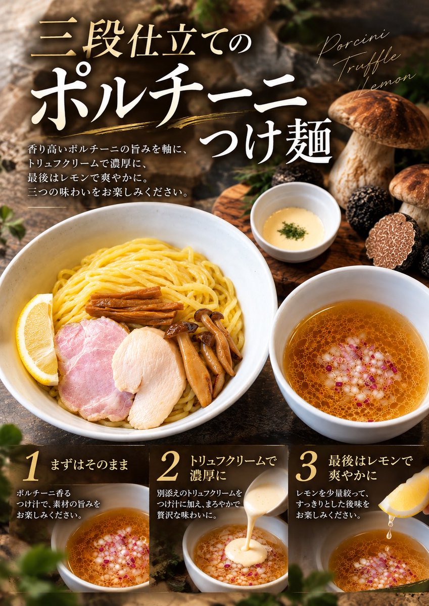 rikei_2023_01's tweet photo. おはようございます☀️

本日の営業時間
11:00〜14:30

限定麺
三段仕立てのポルチーニつけ麺🍜
スープ割りはございません🙏

皆様のご来店を心よりお待ちしております😄 https://t.co/zB92GQSQHI