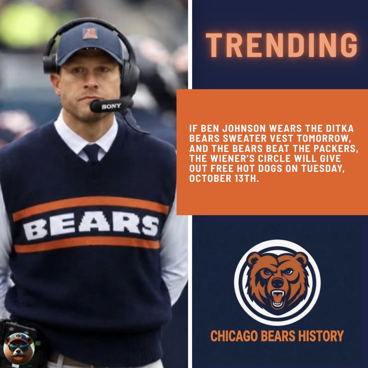 ChiBearsHistory's tweet photo. Chicago is going to be eating good on Tuesday. https://t.co/eDVapUlQdw