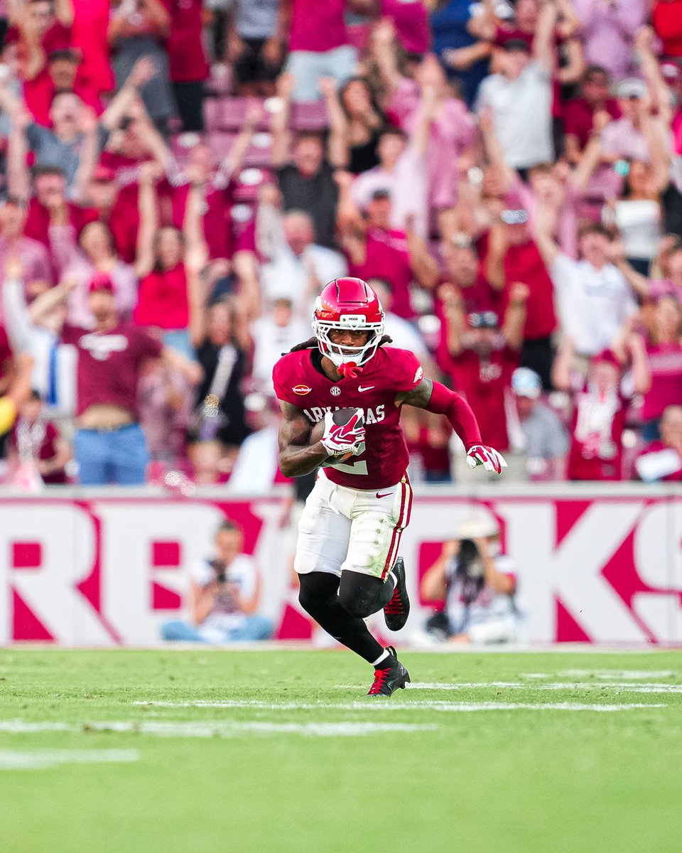 RazorbackComms's tweet photo. With interceptions by DB Miguel Mitchell and DB Shelton Lewis, the @RazorbackFB defense has recorded multiple interceptions in a game against an SEC opponent for the first time since at Mississippi State in 2024. https://t.co/ym7YfYeUFX