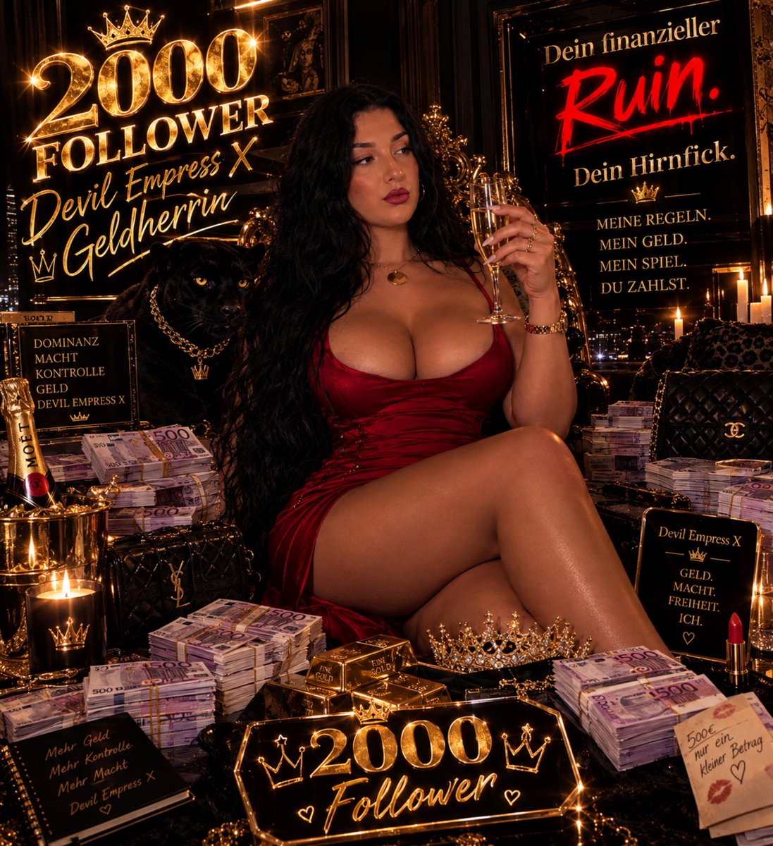 DevilEmpressX's tweet photo. 2000 in meiner Anhängerschaft. 💦 Du sendest zu Feier des Tages 200. jeder einzeln. Kein Gejammer. 😌

#findom #finsub #geldherrin https://t.co/TP7QAMeIpT