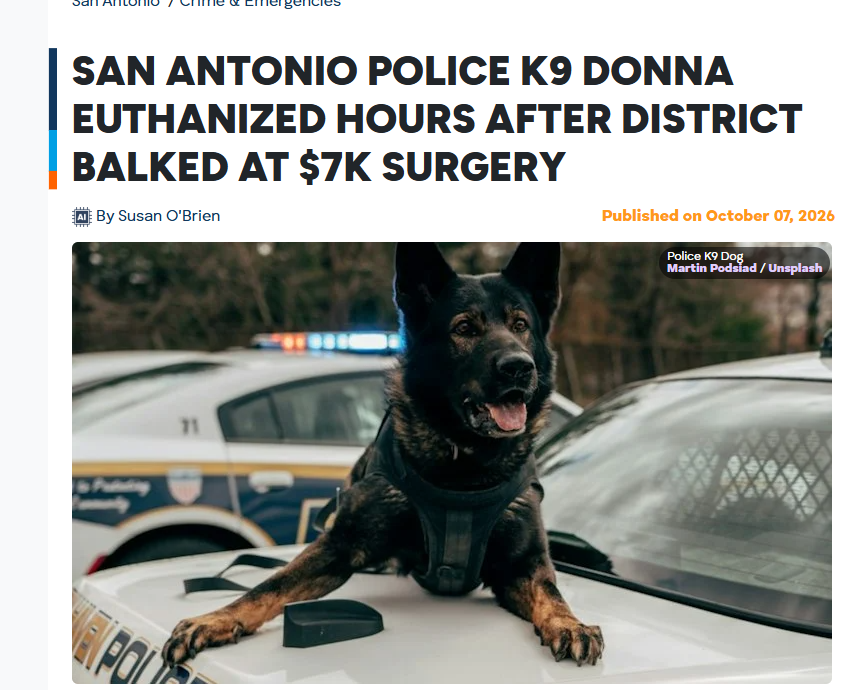 Tiger_Fee_2014's tweet photo. THIS IS INSANE the San Antonia police force WRONGFULLY euthanized one of their own dogs named "Donna" because her vet bill was $7k

THEY DIDNT WANT TO PAY SO THEY KILLED HER!!

Article posted 2 DAYS AGO and we don't have a runner for it

GETTING REOPRTED EVERYWHERE CHECK!!
https://t.co/BIHGNjy1Q4
https://t.co/WWiVYlES3R