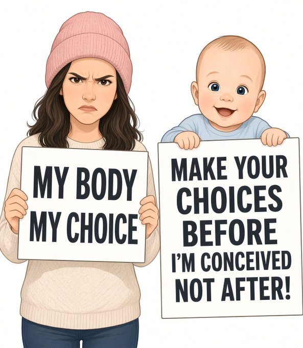An illustration shows an angry woman wearing a pink beanie holding a sign that reads 'MY BODY MY CHOICE,' next to a smiling baby holding a sign that reads 'MAKE YOUR CHOICES BEFORE I'M CONCEIVED NOT AFTER.'