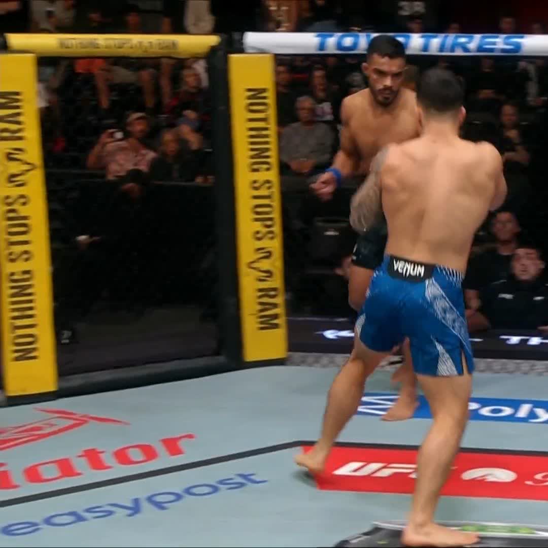 Two shirtless male MMA fighters competing in an octagon cage with visible sponsor banners including Toyo Tires, Nothing Stops RAM, and Venum.