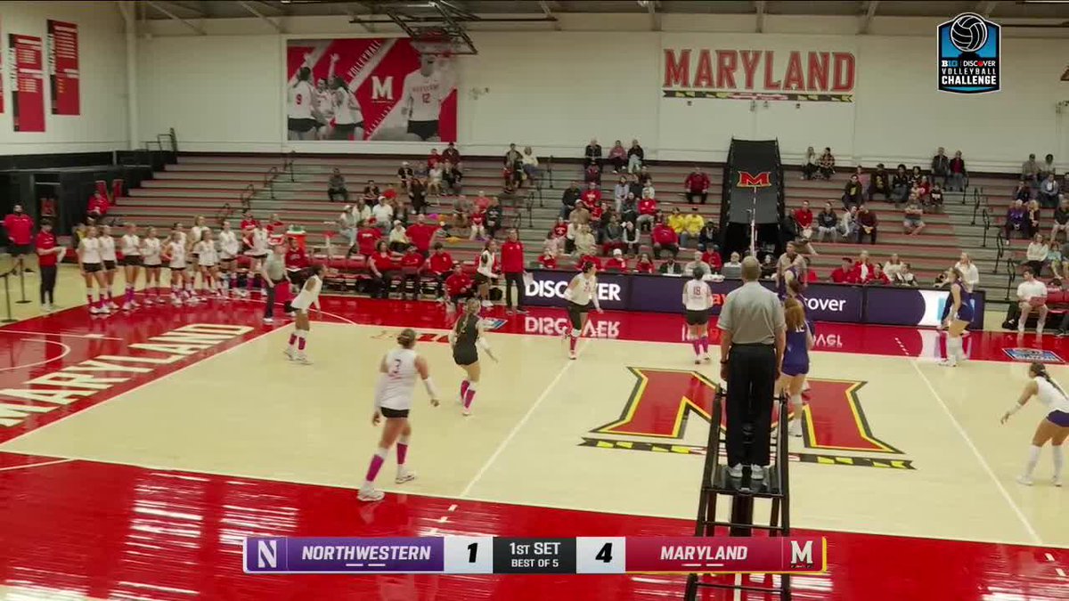 A women's volleyball match between Northwestern (1) and Maryland (4) is underway in the first set, with players on the court and spectators in the stands under a 'MARYLAND' banner.