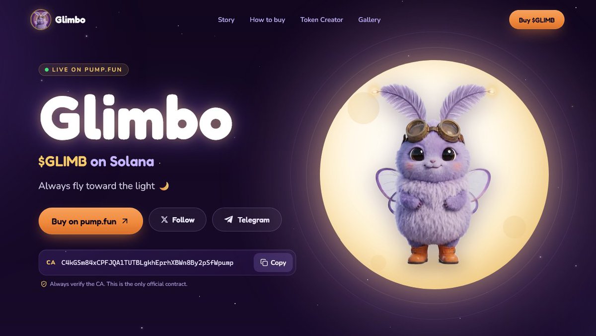 GlimboMoth's tweet photo. 🌐 https://t.co/njQTR9l0pz is live 🦋

Everything Glimbo in one place:
📄 Official CA
💊 How to buy
🎨 Gallery
🪙 Token Creator: coming soon

Fly toward the light 🌙
https://t.co/njQTR9l0pz
$GLIMB https://t.co/gb2znXAsIz