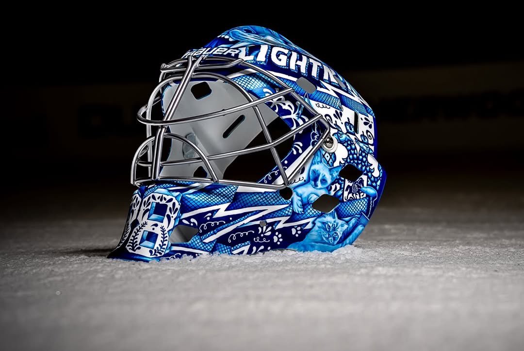 Gabby_Shirley_'s tweet photo. Andrei Vasilevskiy is debuting a new mask in the game tonight. It features a total of 6 cats including 5 pet cats from his past and his present.

“I love them a lot, more than some humans.”

📸 sebastiengervaisphoto https://t.co/hMG8fcRadH