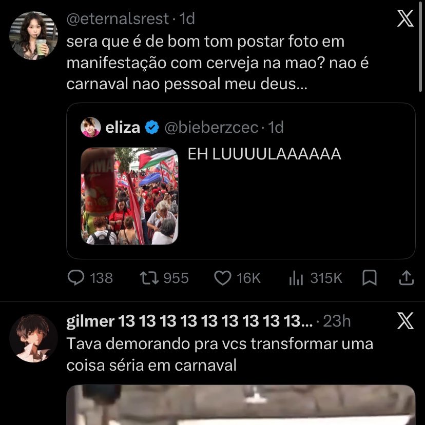 aerifetish's tweet photo. gente vcs tem merda na cabeça ao invés de reclamar que o outro lado ta levando ARMA pra manifestação reclamam pq alguém bebeu uma cervejinha plmds https://t.co/hWwlJKUtm6