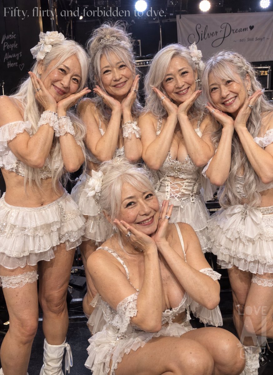 loveaigilf's tweet photo. アラフィフのセクシーアイドルグループがいてもいいよ��。
ちなみに恋愛はOKだけど、白髪染めは禁止。
Fifty, flirty, and forbidden to dye.
#AImilf #AIgilf #gilf #AI熟女 #AI老女 #AI美魔女 #アラ還彼女 https://t.co/c03PaIFc0w