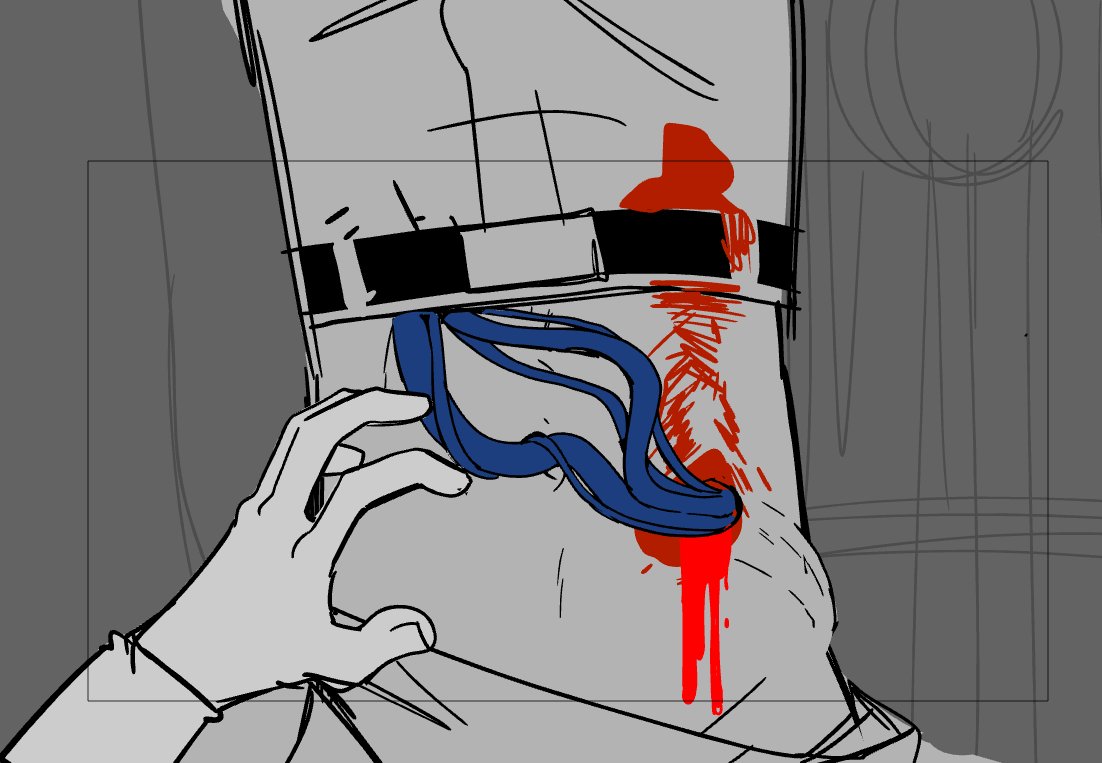 banannerbread's tweet photo. [GORE WARNING]
We were a little worried about this part getting flagged by YouTube so I did a couple iterations (completely under the skin and hidden by darkness)

I wanted to convey a sense of helplessness and violation after what we'd seen Gwen go through. https://t.co/bXIqwuBMqg