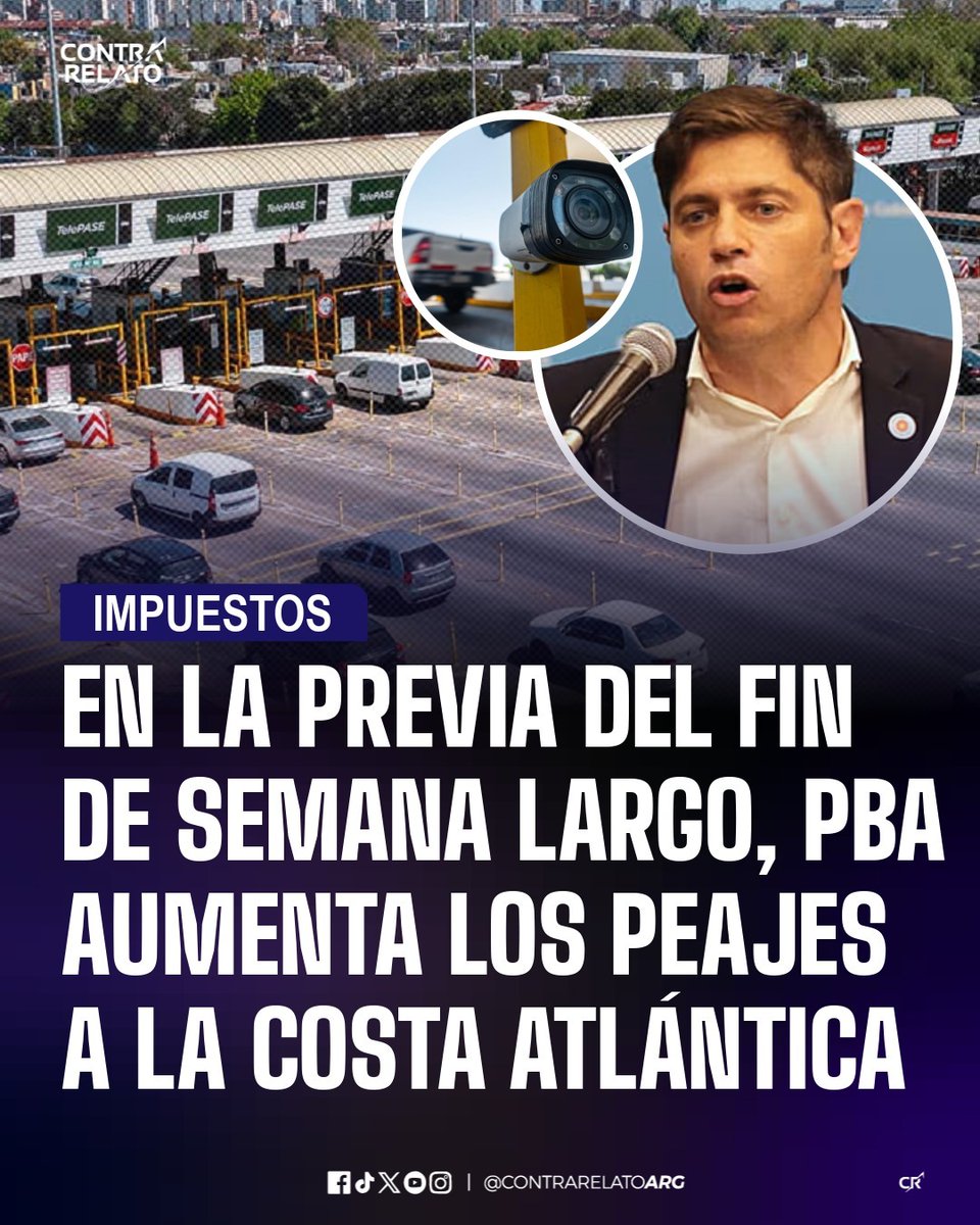 contrarelatoarg's tweet photo. El kirchnerismo no deja pasar una oportunidad para recaudar. Justo antes del fin de semana largo, cuando miles de argentinos se preparan para viajar a la Costa Atlántica, aplica otro aumento del 9% en los peajes bonaerenses. Ni siquiera el turismo se salva de la voracidad recaudatoria de la Provincia: más autos en la ruta, más plata para las arcas del Estado.

De este modo, con el nuevo cuadro, los peajes de Samborombón y Maipú (en la Autovía 2) y La Huella (en Ruta 11) tendrán una tarifa de $ 8.600 para los vehículos de categoría 1, mientras que el valor con pago automático será de $ 8.507,95. El peaje de General Madariaga costará $ 3.600 y el de Mar Chiquita $ 4.000 para esa misma categoría.