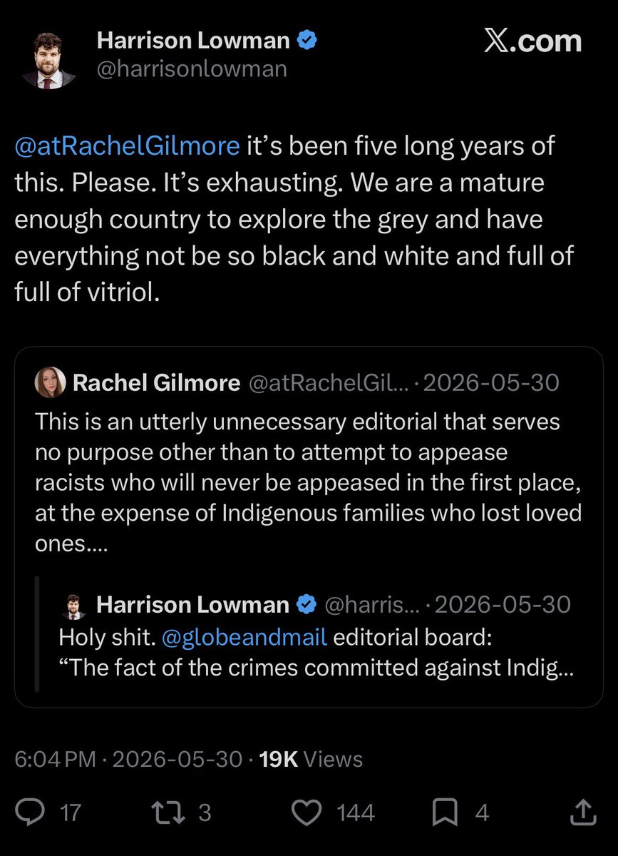 atRachelGilmore's tweet photo. LMAO. 

Anyway, here’s Canadaland’s new managing editor suggesting we should “explore the grey” of the residential school denialist-fuelled conversation about the remains of children.

Oh, how the once-cool Canadaland has fallen. https://t.co/zO01aYryiR