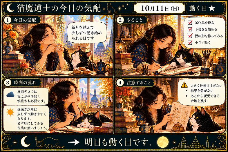 torajakatze's tweet photo. 【毎日パンチャンガ占い】
10月11日（日）
動く日 ★
今日は、新月を越えて少しずつ動き始められる日です。
ただし、一日を通して支えはやや弱く、昼過ぎまでは慎重さも必要です。
→明日も動く日です。 https://t.co/50LgbgQeUO