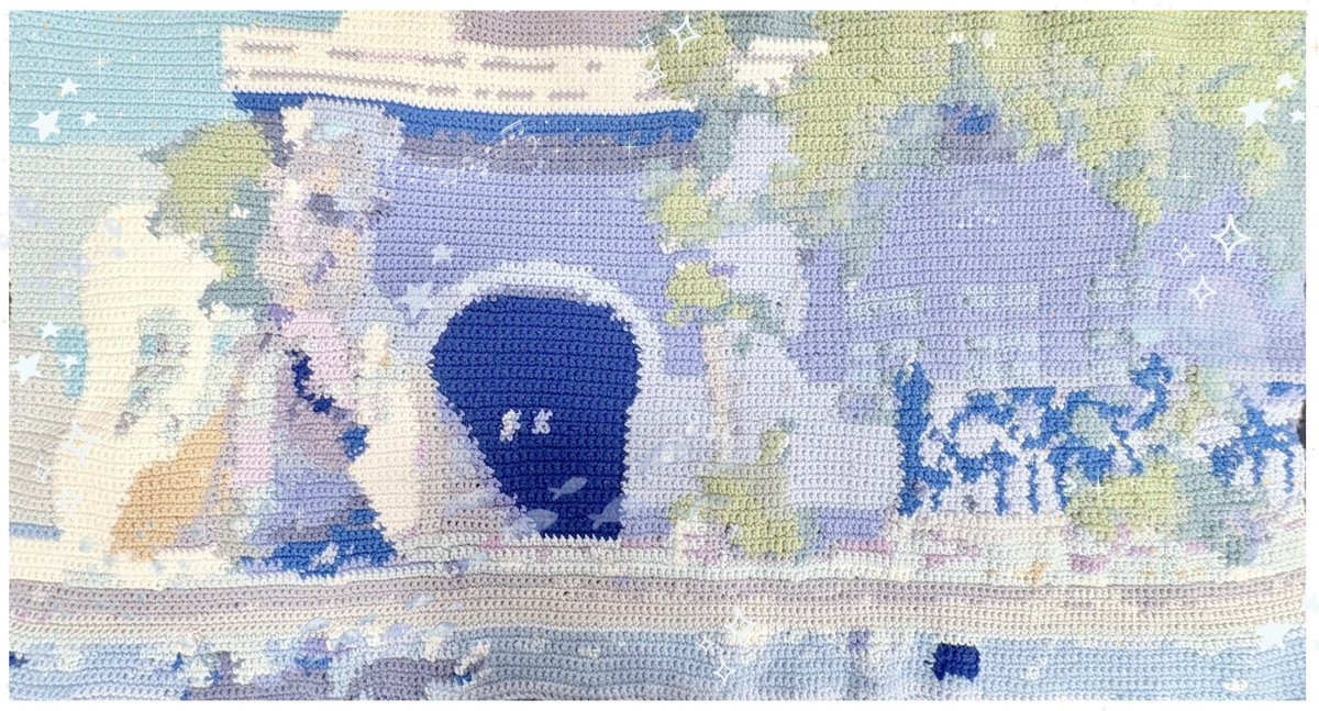 daphlumine's tweet photo. i crocheted nimue’s starting screen into a tapestry! it took a lot longer than i thought but im happy how it turned out🫧

#Canversea #NimueEversea https://t.co/GFV9WS1ZdU