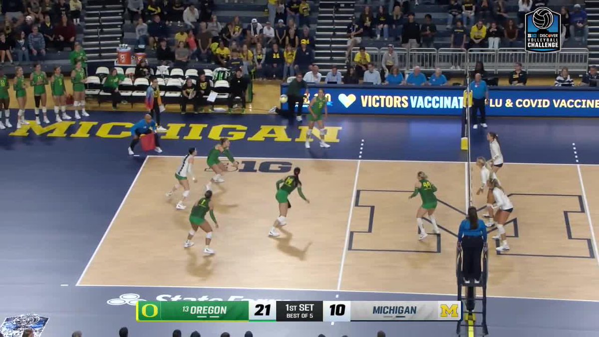 A women's volleyball match between #13 Oregon (in green) and Michigan (in white/blue), with Oregon leading 21-10 in the 1st set of a Best of 5 match, as shown on the scoreboard at the bottom.