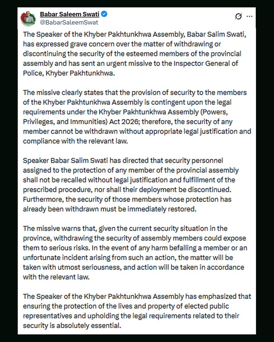 DialoguePak's tweet photo. Khyber Pakhtunkhwa Assembly Speaker Babar Salim Swati has written to the Inspector General of Police (IGP), raising concerns over the withdrawal of security provided to members of the provincial assembly and provincial ministers.
#DialoguePakistan #KPAssembly #Speaker #IGP https://t.co/CwwO4OOKoS