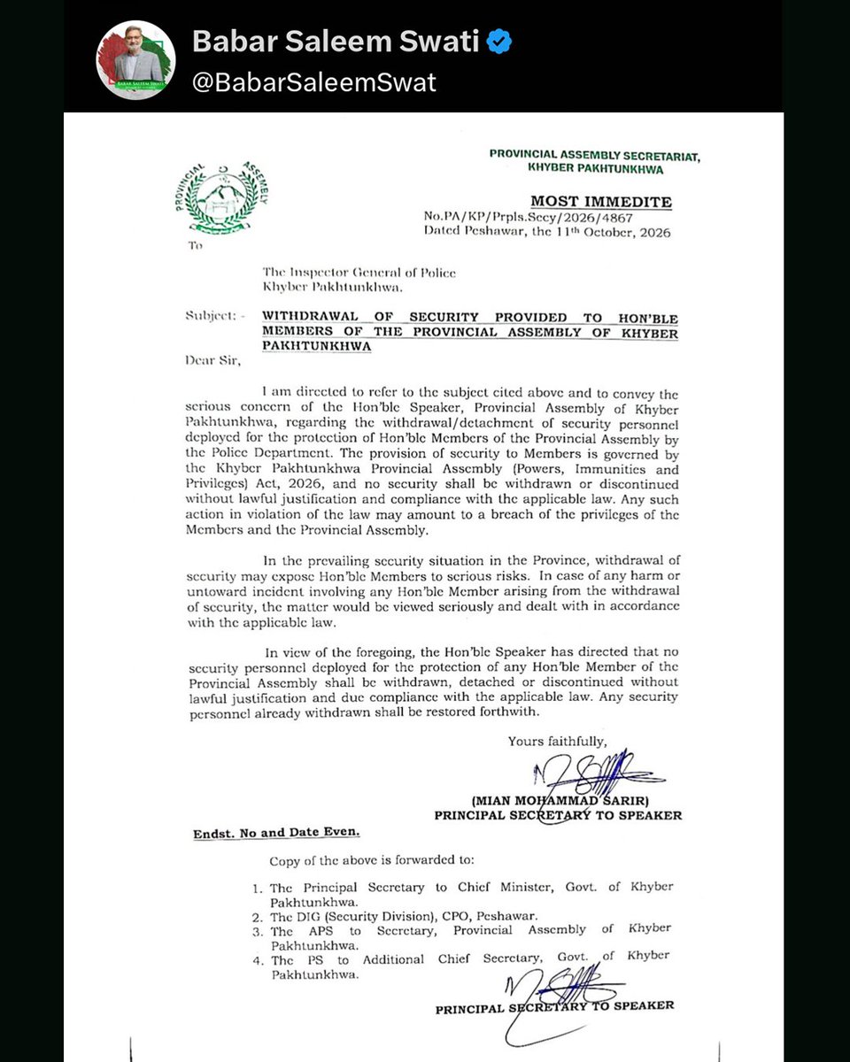 DialoguePak's tweet photo. Khyber Pakhtunkhwa Assembly Speaker Babar Salim Swati has written to the Inspector General of Police (IGP), raising concerns over the withdrawal of security provided to members of the provincial assembly and provincial ministers.
#DialoguePakistan #KPAssembly #Speaker #IGP https://t.co/CwwO4OOKoS