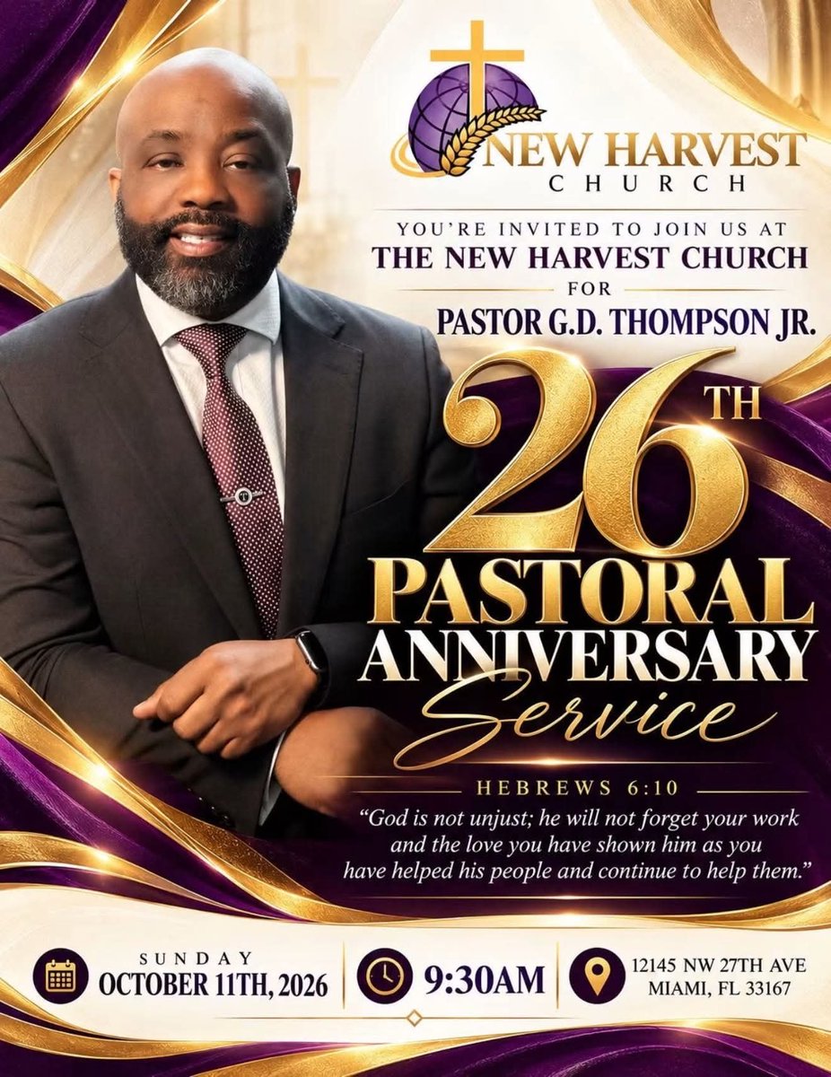finallytrell's tweet photo. Your personal invitation to help me celebrate my shepard, Pastor Gregory Thompson. We will close out his Pastoral Anniversary tomorrow at 9:30 a.m. at The Harvest Church.

#26 years of dedication to ministry faithfulness to his congregation, and the community at large. https://t.co/4y1cZVy7Zw