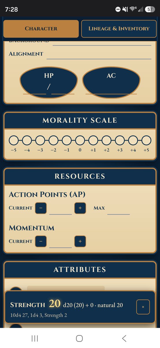 Scimitarjourney's tweet photo. @TencahGames Did someone say mobile friendly interactive character sheets?! Currently in development for Aegir: The Drowned World. A dark fantasy TTRPG where you carve your own legacy in the endless seas of Saer. https://t.co/VMKNeKXuCq
