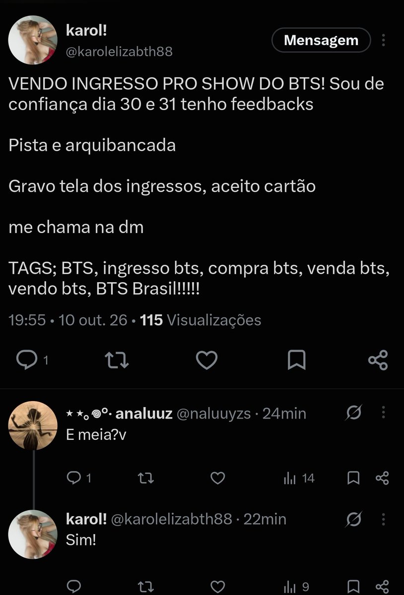 johndeveybr's tweet photo. @hoseokmeutudo Tome cuidado com essa karolelizabth98, é golpe, tentei comprei com ela e logo percebi, ela até já mudou o nome e a foto do perfil https://t.co/4V3Uyn1kRL