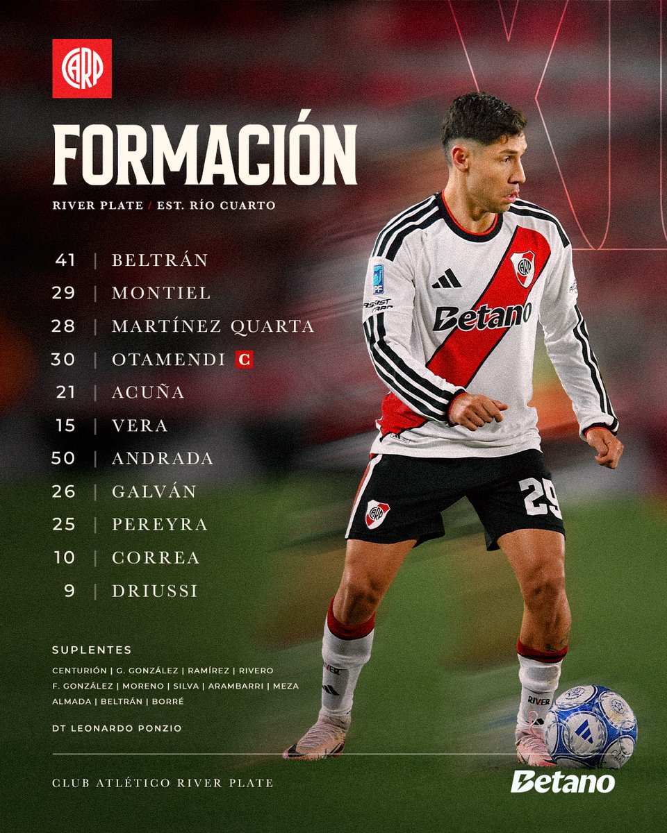 RiverPlate's tweet photo. 📋 Los 11 del Millonario para esta noche 🆚 Estudiantes de Río Cuarto ⚽

#VamosRiver ⚪🔴⚪ https://t.co/YHUj2vMJH3