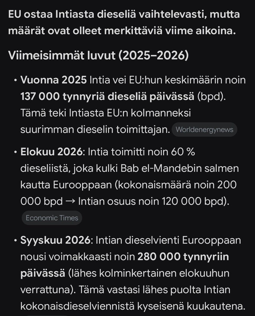 pulkkinen_jussi's tweet photo. @MattiHameenaho Kai tiesit, tiesit että EU ostaa jo nyt ryssän dieseliä...Intiasta? #mutkuTrump #eriasia https://t.co/Z4FhJDpSF4