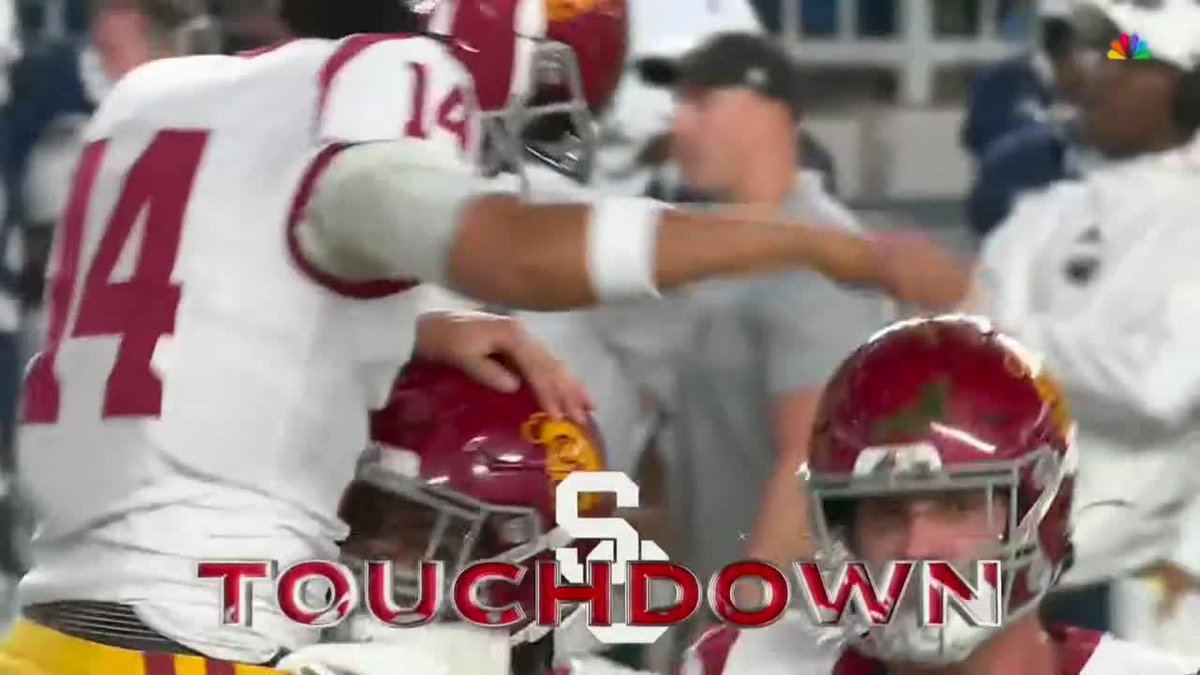A football player in a USC uniform celebrates a touchdown, with the word 'TOUCHDOWN' and the USC 'SC' logo overlaid on the image.