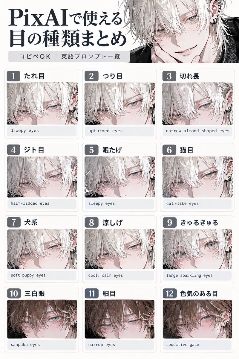 _mlwqq's tweet photo. 📌 PixAI使ってる人、これ保存して！

マルチプロット作りたいのに
全員ほぼ同じ顔だよ〜って方必見🫪
「目」を変えるだけで
印象がガラッと変わるの知ってる？👀

たれ目、つり目、切れ長、ジト目、猫目、三白眼……
使える目の種類と英語プロンプトをまとめました！

#PixAI #AIイラスト #AIチャットzeta #なゆプロンプト 

🤍zeta https://t.co/mV6QfWBUTX