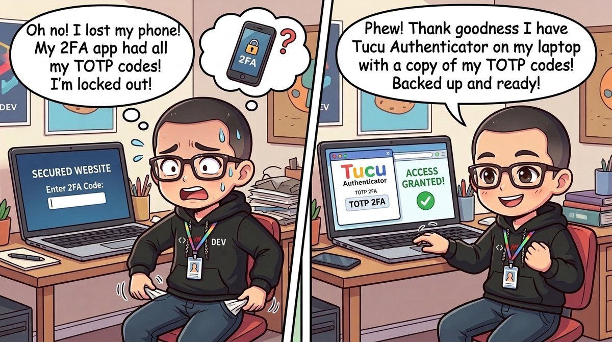 HenryTongInfo's tweet photo. 📱 What if you lose your phone and need your 2FA codes?

That’s why I built Tucu Authenticator 🎉 A free desktop companion for Aegis, keeping your TOTP codes handy on your laptop.

Because... who has two phones? 😅

👇 Check it out, link below https://t.co/lBMmT0UMaK