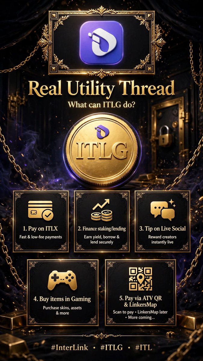 waebman's tweet photo. Real Utility Thread*
What can ITLG do?
1. Pay on ITLX
2. Finance staking/lending
3. Tip on Live Social
4. Buy items in Gaming
5. Pay via ATV QR &amp; LinkersMap later
More coming.

#InterLink #ITLG #ITL https://t.co/dcEbSWlQR5