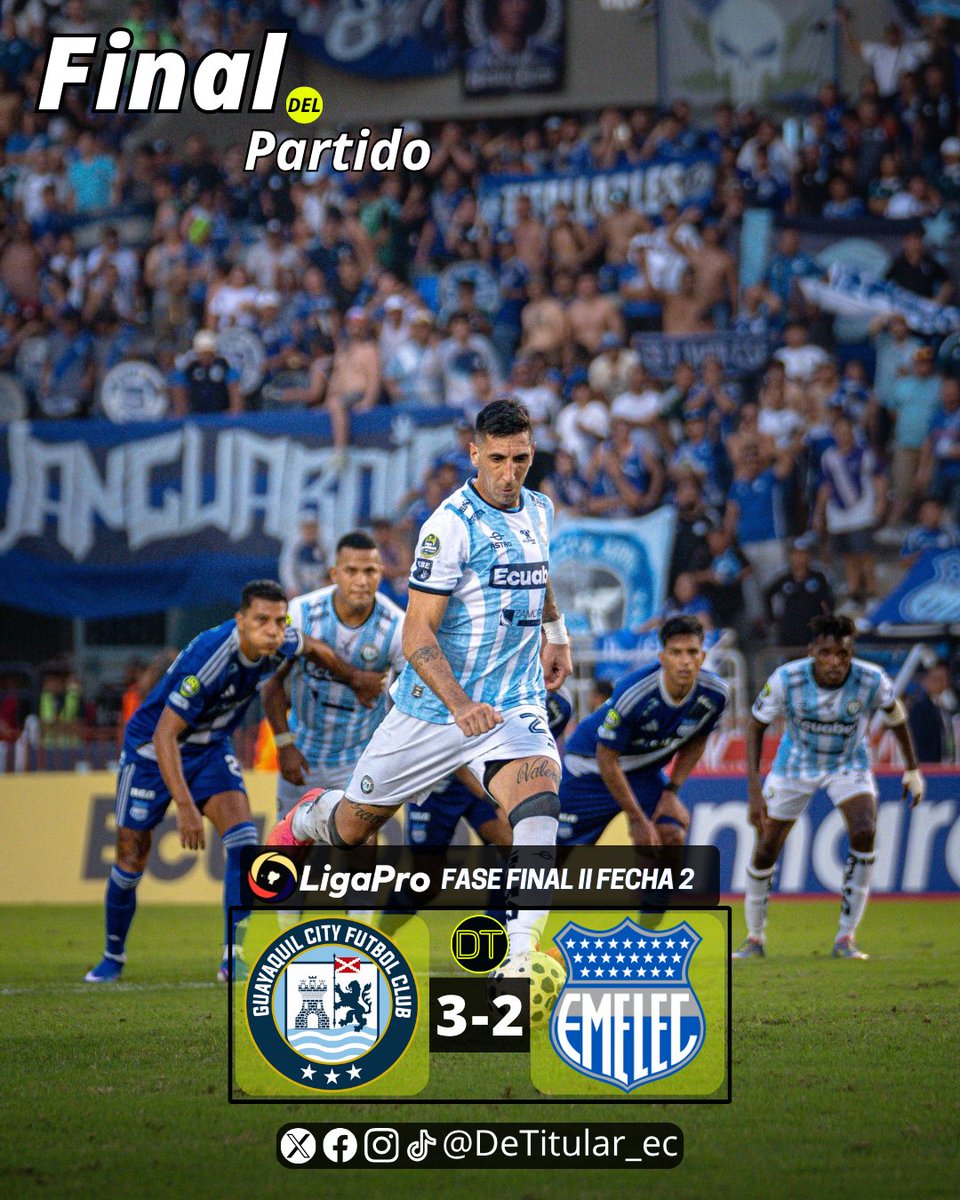 detitular_ec's tweet photo. ¡PARTIDAZO EN SAMANES! 🤯🏟

Guayaquil City hizo la épica y terminó derrotando a Emelec 3-2 luego de una remontada espectacular en esta fecha 2 del cuadrangular de la LigaPro 🏆

⚽️ Hat-Trick de Diego Dorregaray para la victoria ciudadana. Descontó Ronie Carrillo con un doblete. https://t.co/MQXvKqMjhd