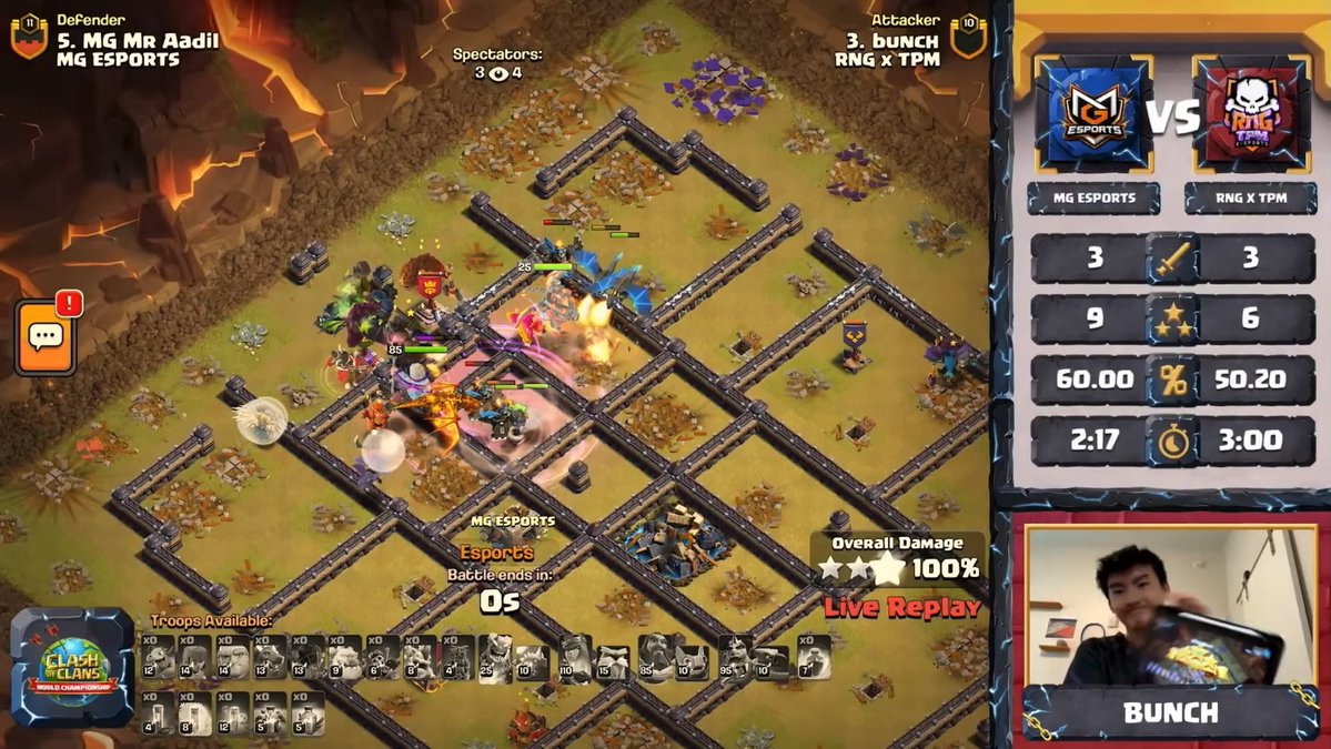 A live replay screen of a Clash of Nations esports match between MG ESPORTS (defender) and RNG X TPM (attacker), showing a gameplay battle with a score of 3-3, 9-6, 60.00% to 50.20%, and a timer of 2:17 to 3:00, with a commentator visible in the bottom right corner.