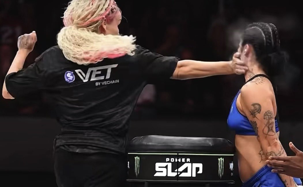 KnockedHerCold's tweet photo. REAL footage (this is NOT AI) from Powerslap 24 this weekend from a match between pro wrestlers Hollyhood Haley J and Gema. 

Gema got DROPPED by Haley’s slap!

This wasn’t the finish, Gema got up and lost by decision. 

But her lights were OUT for a few seconds!!! https://t.co/jwZUxJMZgH