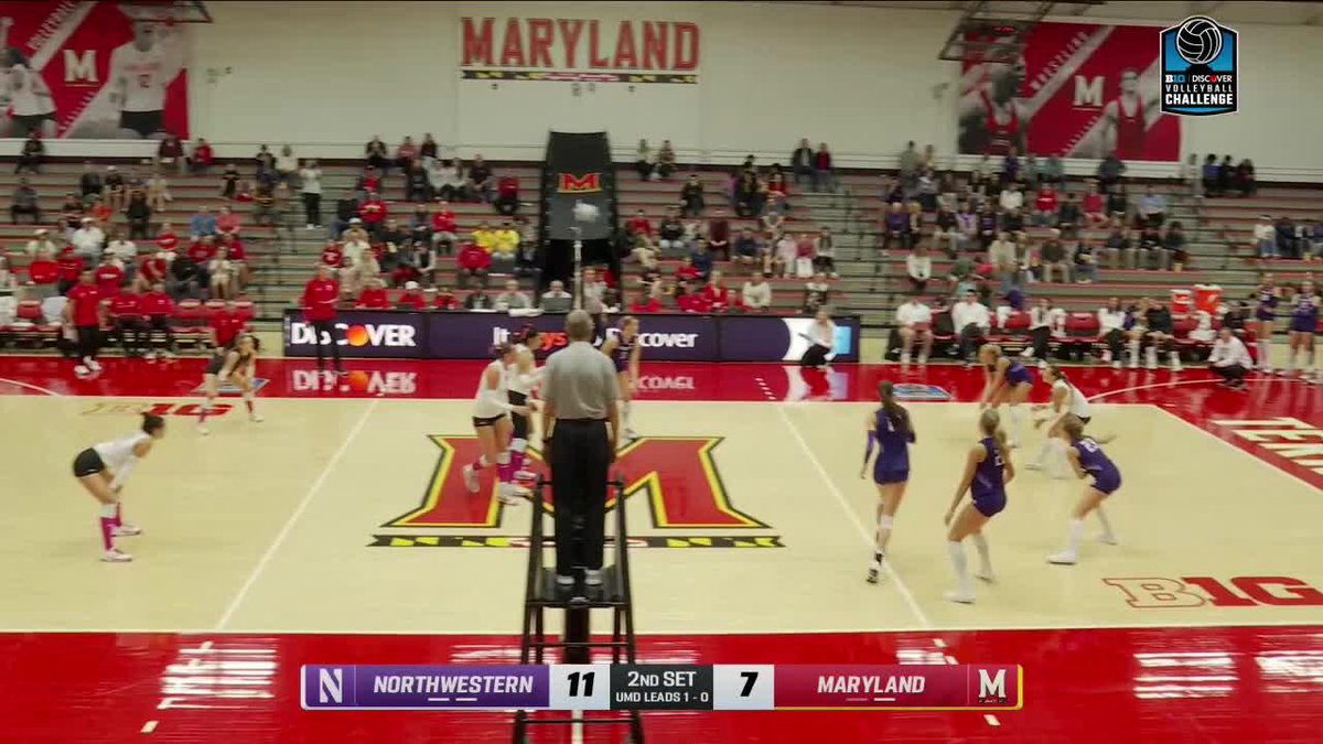 A women's collegiate volleyball match between Northwestern and Maryland is underway at a Discover Volleyball Challenge; the on-screen scoreboard shows Northwestern leading 11-7 in the 2nd set.