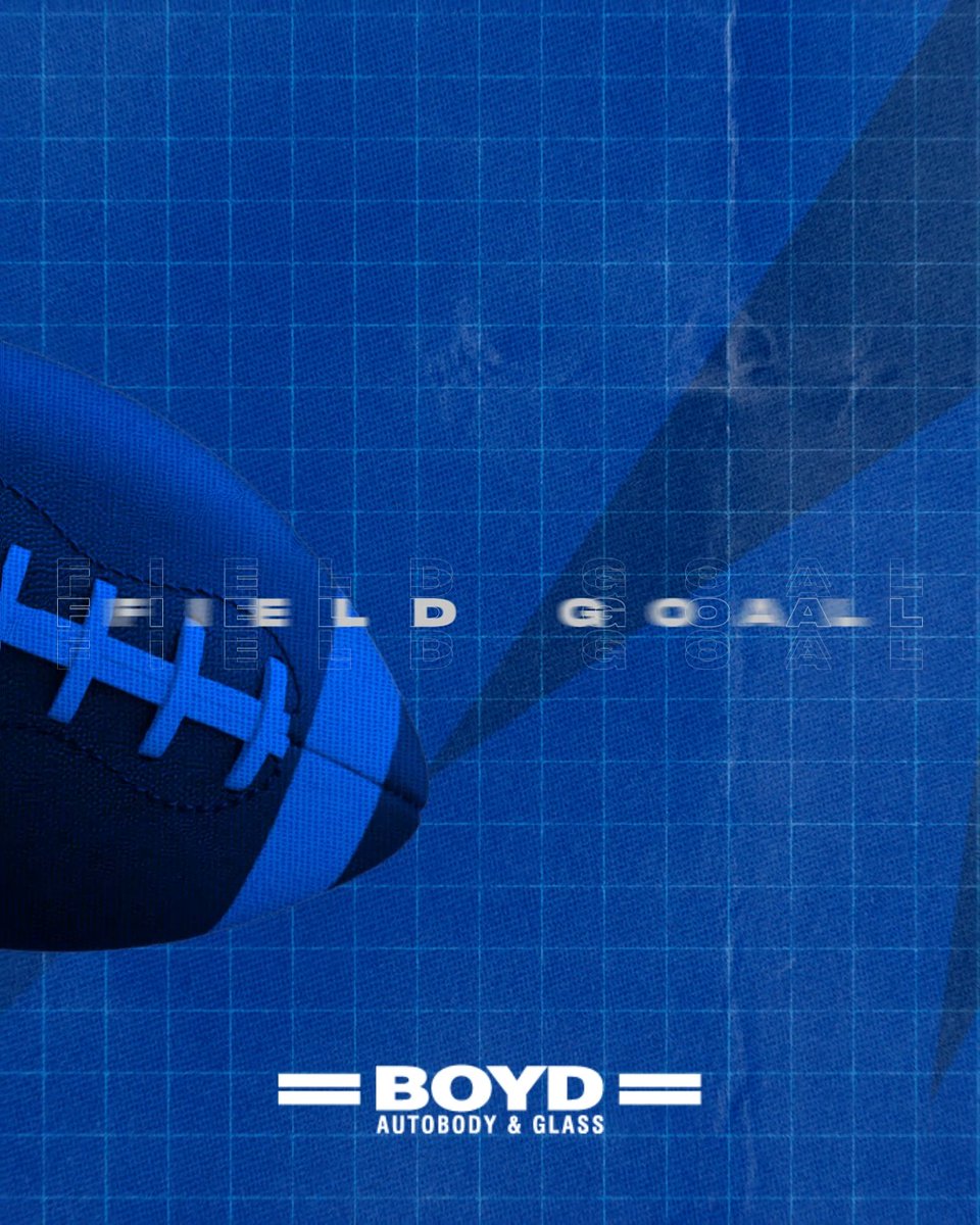 A blue graphic with a grid background displays the text 'FIELD GOAL' over a football, with 'BOYD AUTOBODY & GLASS' at the bottom.