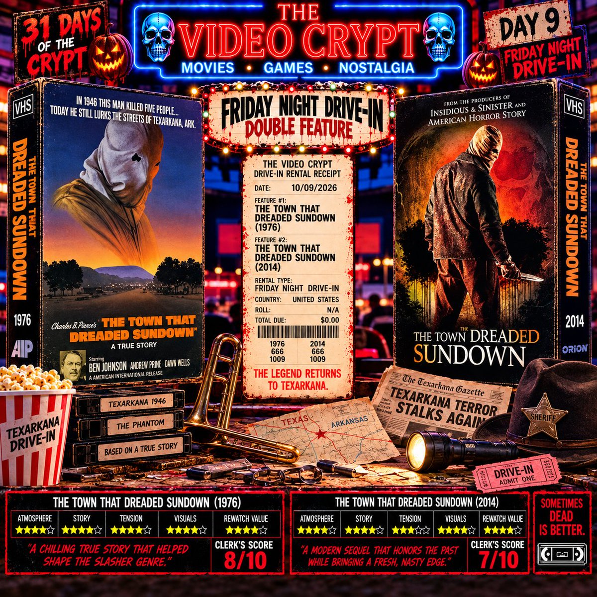 thevideocrypt's tweet photo. #TheVideoCrypt #31DaysOfTheCrypt  #FridayNightDriveIn #TheTownThatDreadedSundown  #ThePhantom #ProtoSlasher #SlasherMovie #LegacySequel #HorrorDoubleFeature #DriveInHorror #70sHorror #2010sHorror #CultHorror #HorrorMovies #HorrorCommunity #HorrorFans #OctoberHorror #HalloweenSeason #MovieNight