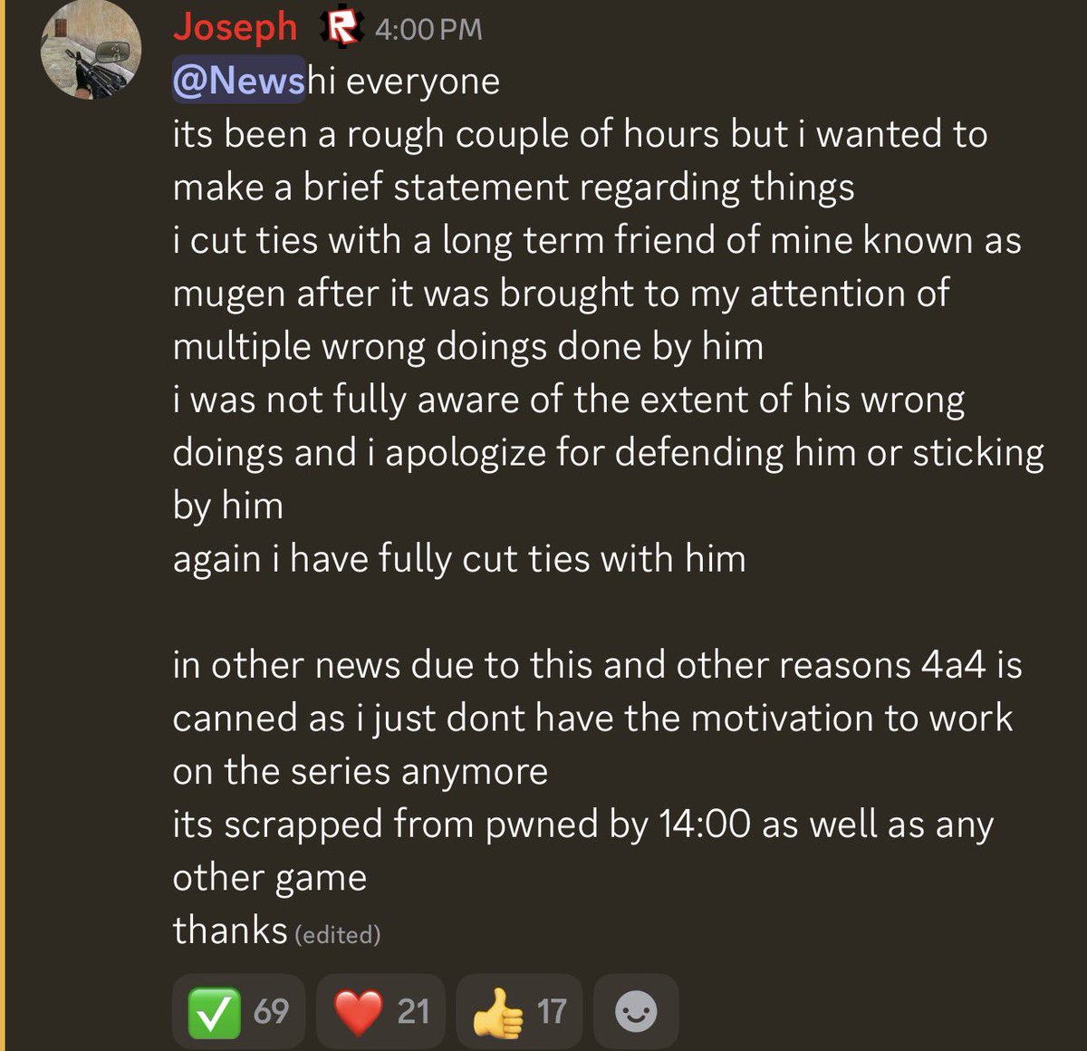 RobloxARGNews's tweet photo. #4amanda4 NEWS

Due to some recent controversy, 4amanda4 is most likely cancelled. And 4amanda4 will no longer be coming to PWNed by 14:00, as well as other games. https://t.co/FjaA30RvaI