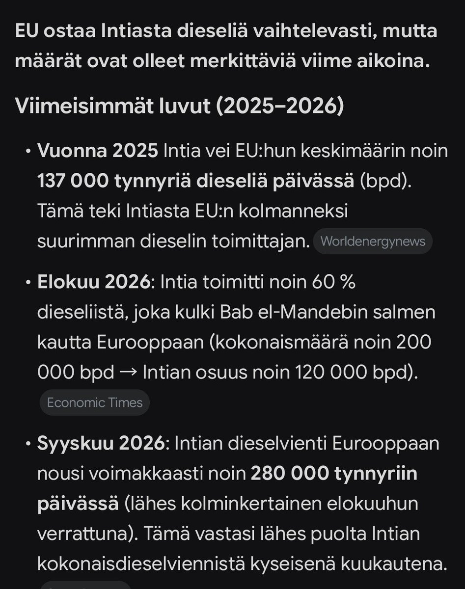 pulkkinen_jussi's tweet photo. @SaarniTuomo Toki EU ostaa jo nyt ryssän dieseliä tosin Intiasta kierrätettynä #mutkuTrump https://t.co/5eQVmcnsQV