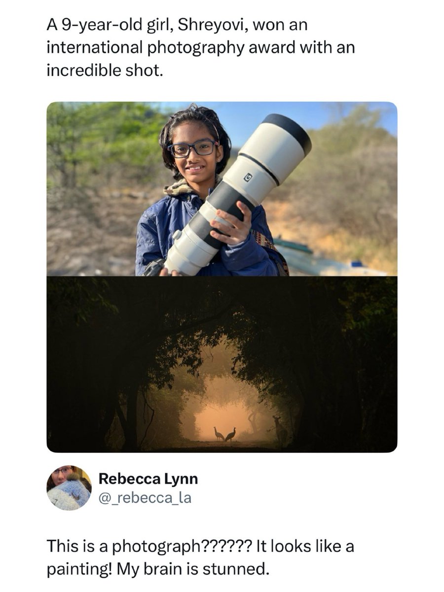 NatureStuns_'s tweet photo. A 9-year-old girl took this photo…
and it just won a major photography award.
Incredible eye for someone so young.
Would you believe a child captured this?
#Talent #photography https://t.co/7Kj0rZZYNf