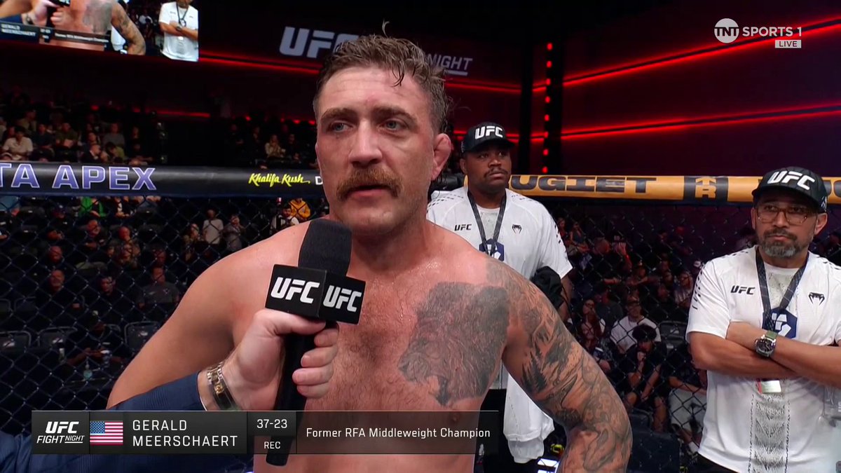 Gerald Meerschaert, identified by the on-screen graphic as a "Former RFA Middleweight Champion" with a 37-23 record, is being interviewed shirtless in the UFC octagon after his final fight, as indicated by the "Stream TNT Sports on HBO Max" ticker and the post announcing his retirement from MMA.