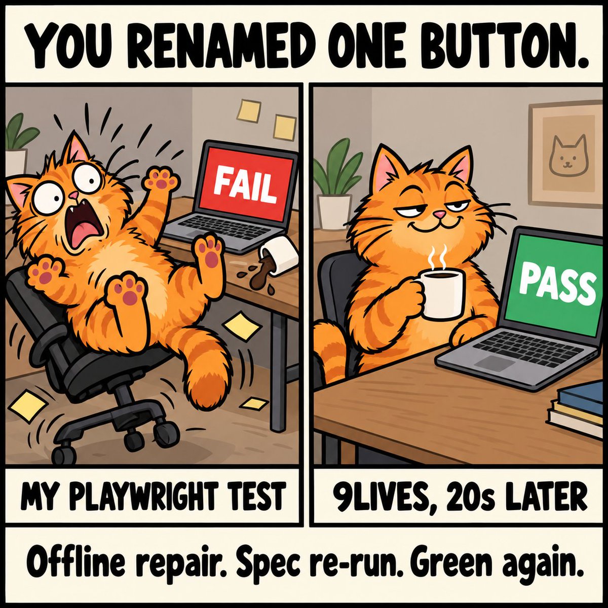 QualityMaxApp's tweet photo. A renamed button. A 20s comeback.

9lives repaired the test offline and re-ran the spec to verify it. AI steps & repair: Claude subscription. No rewrite. No API key. 

Built without external funding. QualityMax aims to lead modern test automation.
https://t.co/DyBaOVuDMH
#testautomation #9lives #qualitymax