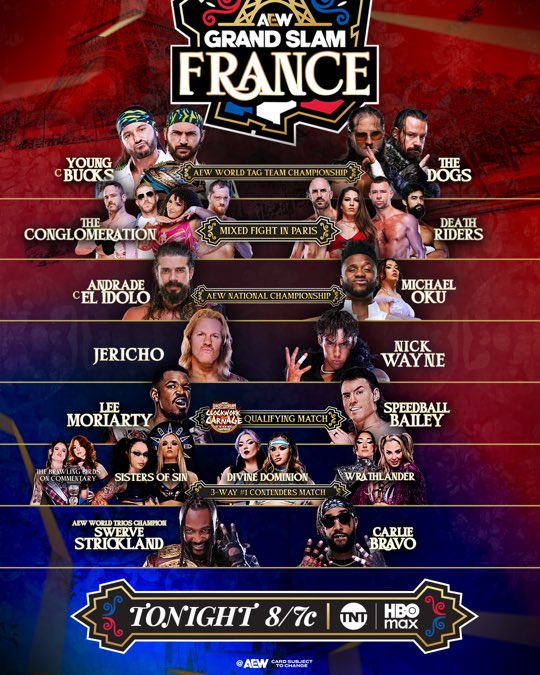 TonyKhan's tweet photo. Thank you all for your kind birthday wishes!
TONIGHT, Starting right NOW, don’t miss #AEWGrandSlam France on Saturday #AEWCollision, our first Collision ever in Paris!
It’s a loaded card and it starts RIGHT NOW 8pm ET/7pm CT on @TNTdrama &amp; HBO Max, TONIGHT! https://t.co/0D7pwVRjHy
