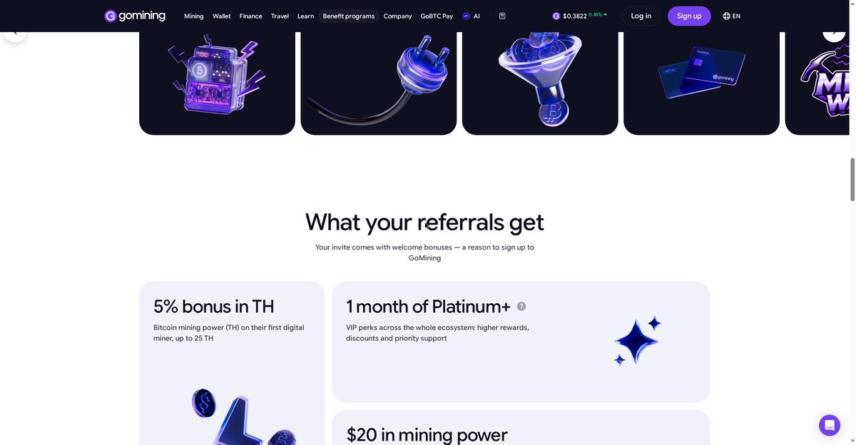 BTCTuschen's tweet photo. GoMining join bonus, plain: 5% bonus TH on your first miner (up to 25 TH), a free month of Platinum+, and $20 in mining power when you spend $100 on the GoMining Card. That's extra hashrate on day one. Link in bio 👇 https://t.co/ZiAl2WmhIa