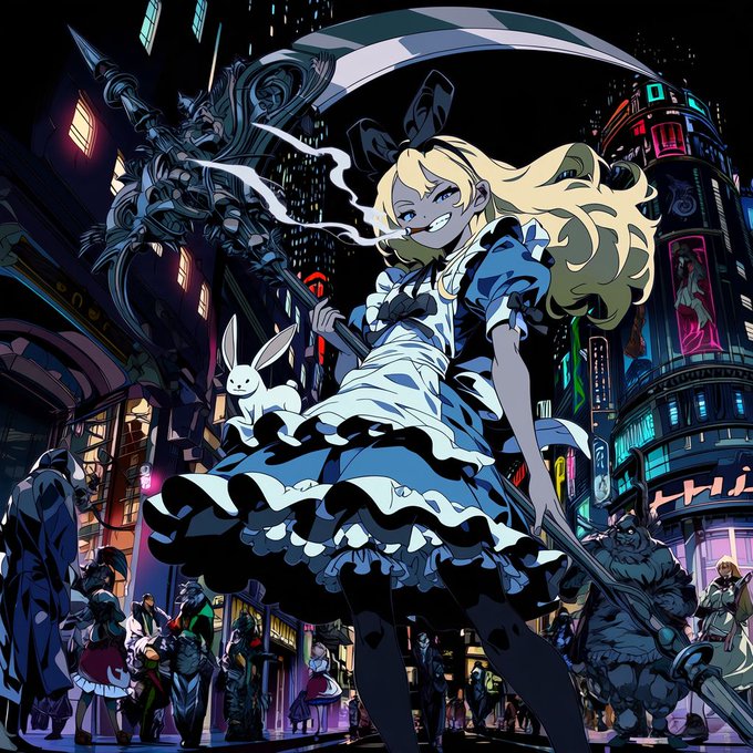 An anime-style illustration depicts a blonde maid wielding a large scythe in a dark cyberpunk cityscape, accompanied by a small white rabbit.