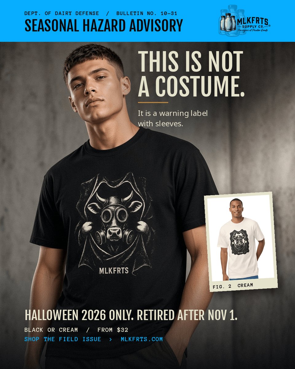 gotmlkfrts's tweet photo. This is not a costume. It is a warning label with sleeves.

Gas Mask Holstein Tee. Halloween 2026 only. Retired after Nov 1. https://t.co/Zab2reHTjI