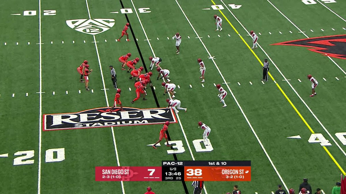 Oregon State football is playing San Diego State at Reser Stadium, with Oregon State leading 38-7 in the third quarter (13:46 remaining) on 1st & 10 from their own 30-yard line, as the team lines up in formation during what appears to be a lopsided Pac-12 matchup where freshman star Jesse LeGree has already made a Heisman-worthy impact.