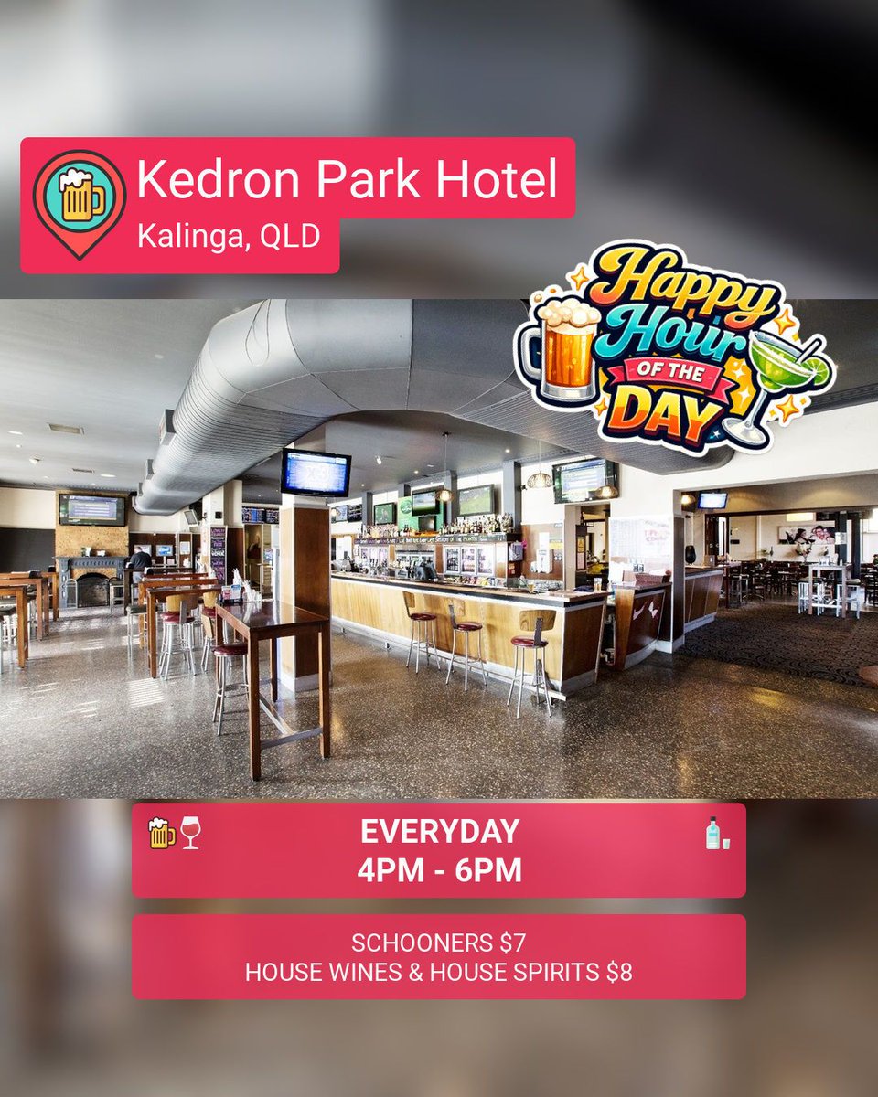 happy_hour_hunt's tweet photo. Happy Hour of The Day! 🍻😃
Kedron Park Hotel
Everyday: 4pm - 6pm
 • Schooners $7
 • House Wines &amp; House Spirits $8
🍺🍷🥃 Download the app 📲
#happyhour #hhotd #happyhouroftheday #beer #wine #spirits #happyhourhunter #kalinga https://t.co/MY4pQZ7hVh